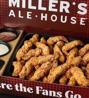 a large red miller's ale house branded box with boneless chicken tenders (zingers) and sauces inside