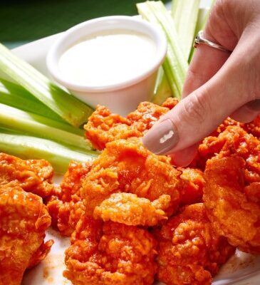 Tossed shrimp in buffalo sauce
