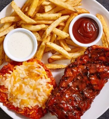 Crispy buttermilk-marinated chicken breast tossed in hot sauce & topped with melted cheese, ½ rack baby back ribs