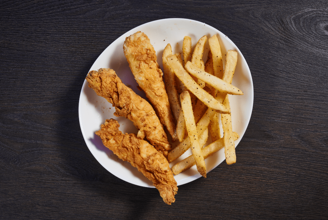 3 count chicken tender zingers on a plate with fries for kids