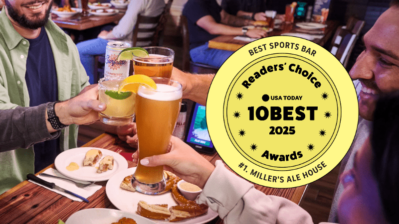 an image of guests enjoying at millers ale house with a USA TODAY #1 sports bar badge
