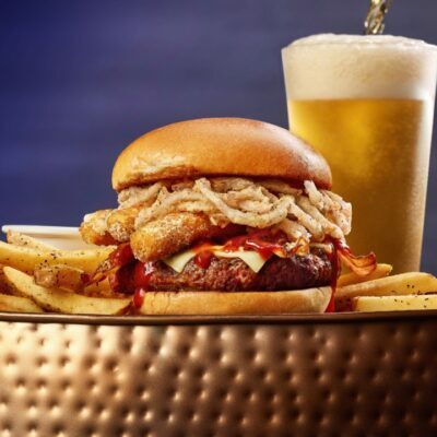 Premium ground beef patty, melted white American cheese, peppered bacon, bbq sauce, 3 Mozzarella Sticks, fried onion tanglers on a toasted bun.